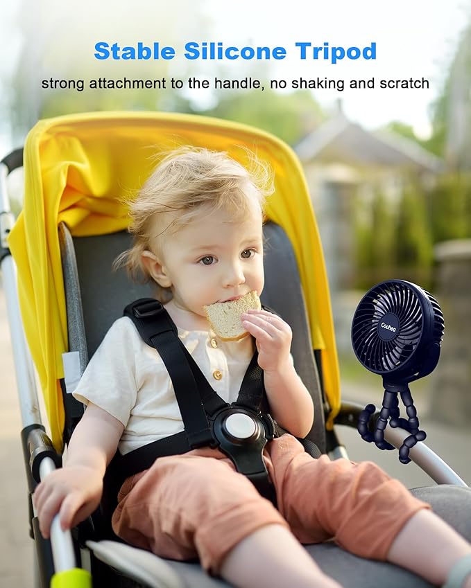 Stroller Fan Clip on for Baby, 4000mAh Rechargeable Battery Operated, Flexible Tripod, 3 Wind Speed, 360° Rotatable, Small Cooling Portable Fan for Car Seat Crib Golf Cart Treadmill, Navy Blue