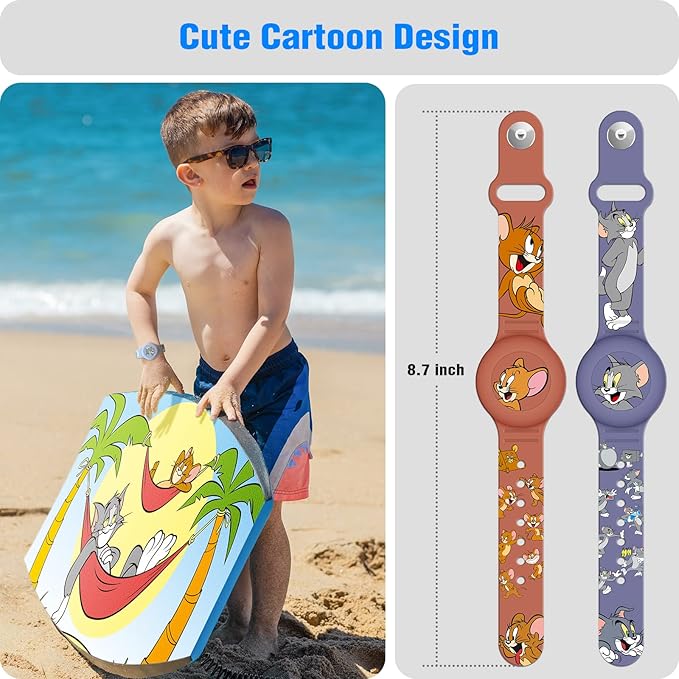 2 Pack AirTag Bracelet for Kids, Waterproof Cute Cartoon Air tag Holder for Kids with Watch Band Design, Full Coverage Silicone Airtag Hidden Accessories for Child, Healthy Material Brown + Grey