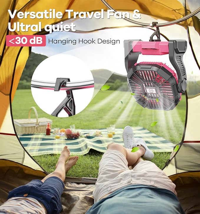 15000mAh Portable Battery Powered Camping Fan - with LED Light, Quiet Battery Operated, Camping Gear for Travel, Tent, Beach, Car or Hurricane Power Outages, Pink
