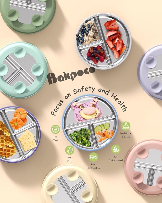 8" Stainless Steel Toddler Plates with Suction, Divided Plates with Removable Silicone Sleeves for Baby, Non Toxic & BPA Free |Unbreakable |Dishwasher Safe Dinnerware Set of 2, Blue & Gray