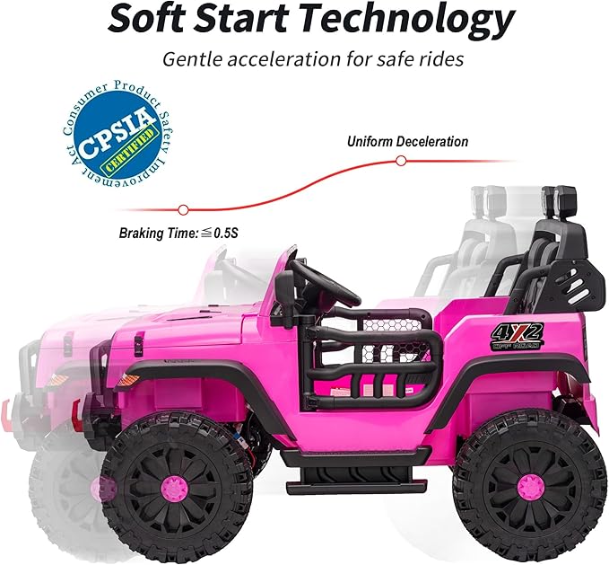2 Seater Ride on Car Truck, 12V Kids Electric Ride on Toy for Big Kids Age 3-8 w/Remote Control- Hot Pink