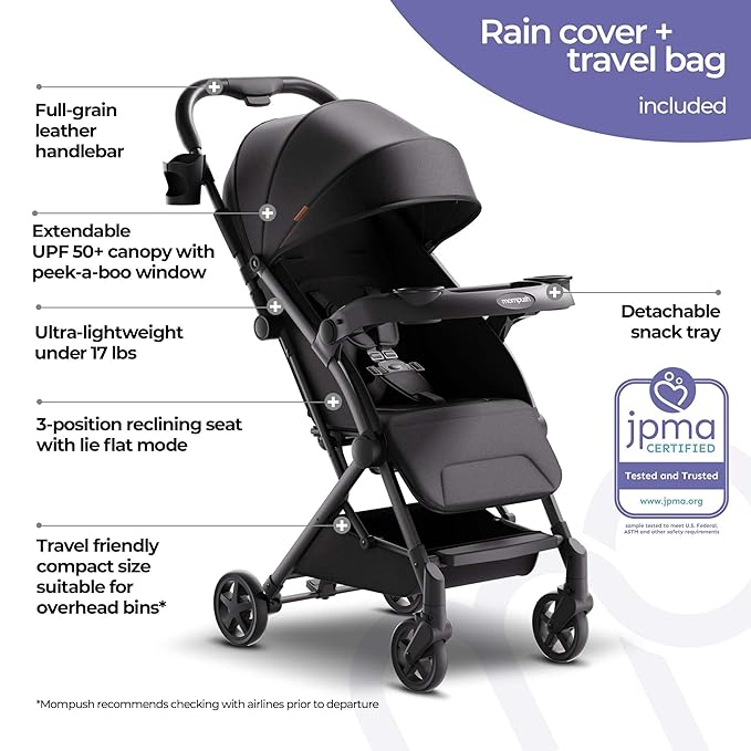 Mompush Lithe V2 Lightweight Travel Stroller, Compact Foldable Baby Stroller with Travel Bag, One-Hand Fold Stroller, Snack Tray, Mechanical Recline Seat, Airplane-Ready, Organizer & Rain Cover
