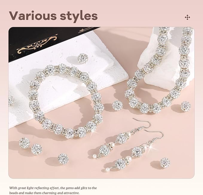 200pcs 10mm Rhinestone Beads for Jewelry Making, White Shiny Round Disco Ball Beads Bulk, Sparkle Crystal Clay Christmas for Bracelet Baseball Necklace Earring Crafting and DIY