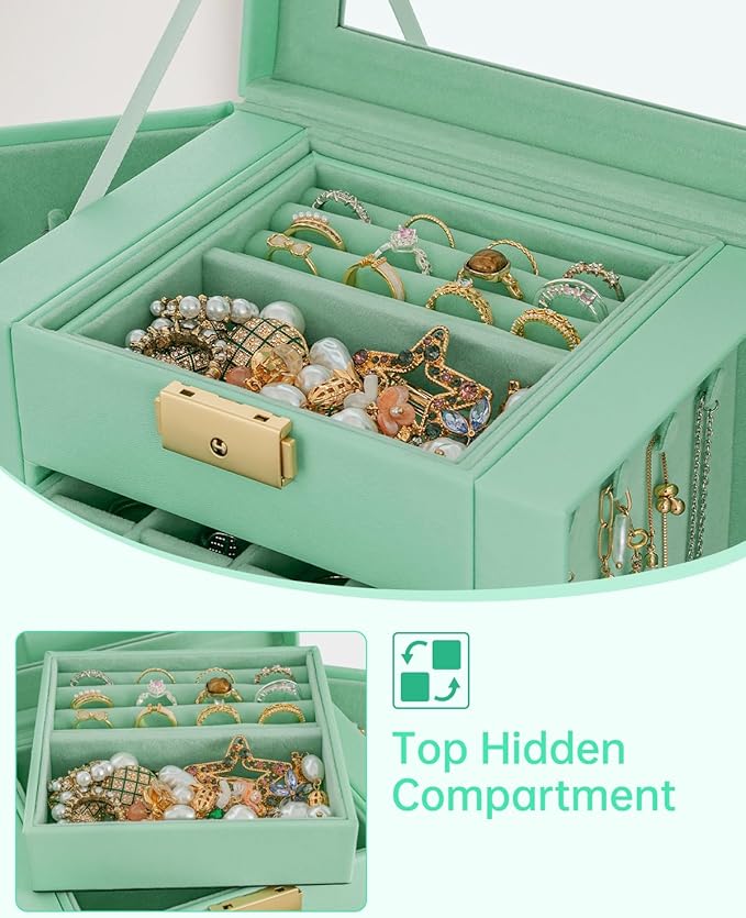 AKOZLIN 4-Tier Jewelry Box Leather Jewelry Storage Organizer with 3 Drawers Lockable for Women Girls Ring Necklace Earring Bracelet Holder with Mirror