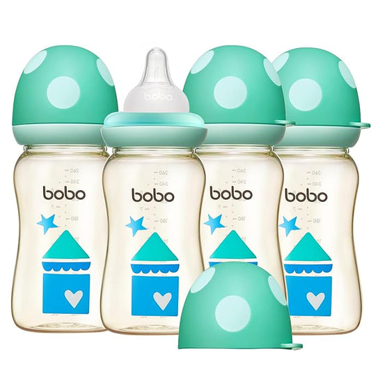 YOHKOH PPSU Baby Bottle Wide Neck, Newborn Anti-Colic Baby Bottle with Natural Response Nipple, Streamlined Body, Easy to Clean (8.8oz (Pack of 4), Blue)