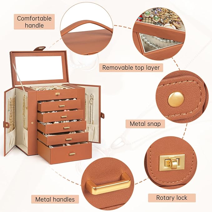 AKOZLIN Huge Jewelry Box Organizer Functional Large Leather Jewelry Storage Case for Women Girls Ring Necklace Earring Bracelet Holder Organizer with Mirror