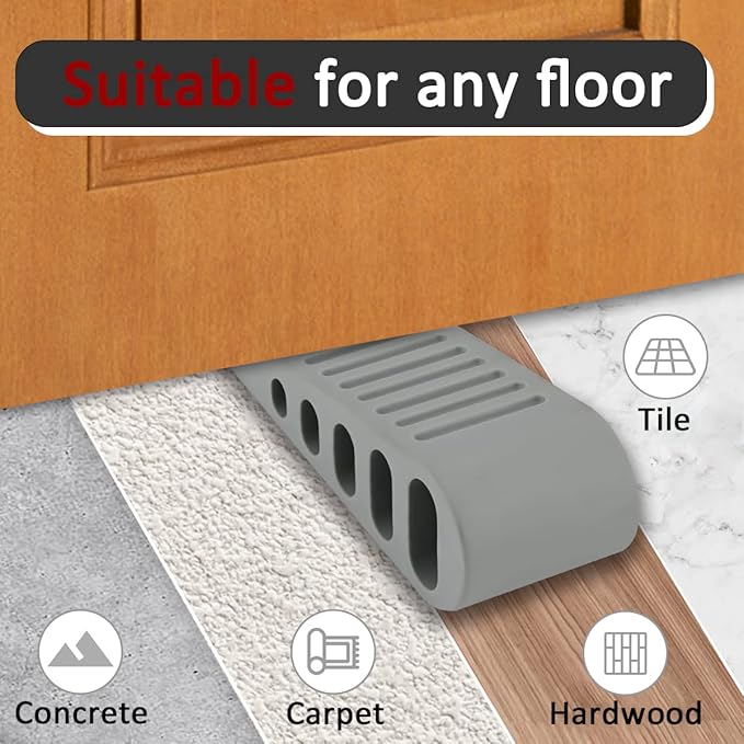 JQK Rubber Door Stopper Wedge, Grey 4 Pack Soft TPR Premium Door Stops for Bottom of Heavy Duty Door on Tile, Concrete, Carpet, Wooden Floor, DSB61-GY-P4