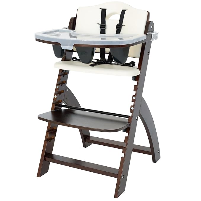 Abiie Beyond Junior Wooden High Chair with Tray - Adjustable and Convertible High Chair for Babies and Toddlers - 6 Months to 250 Lb - Water Resistant - Mahogany Wood/White Cushion