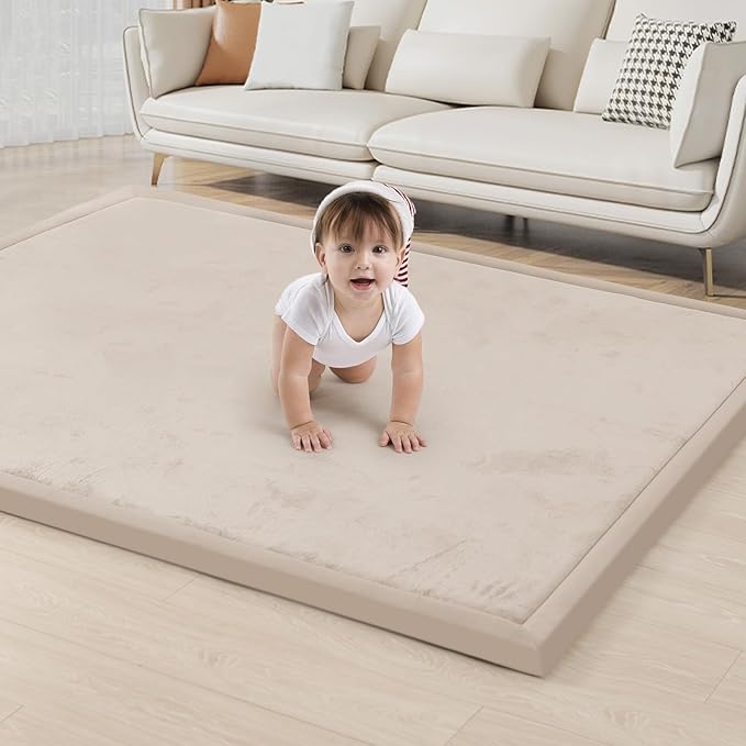 ACOMOPACK Baby Play Mat for Floor 1.3" Thick Memory Foam Play Mat 71"×79" Tummy Time Crawling with Non-Slip Bottom for Living Room,Nursery,Soft Velvet Playpen Mats for Kids,Infants（Beige）