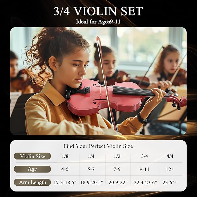 3/4 Violin Kit, Beginner Violin for Kids, Students, Complete Kids Violins Set with Case, Bow, Rosin, Ideal for Kids Violinss Beginner Ages 9-12, Rose Pink