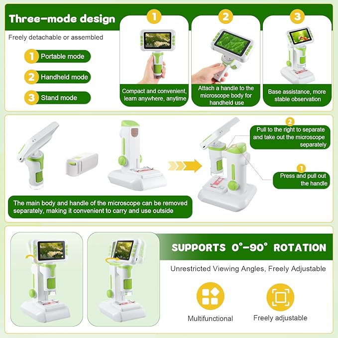 1600X Digital Microscope for Kids, Upgraded Portable Microscope with 4.0 inch HD Screen, 2-in-1 Desktop Handheld Miniscope Rechargeable Student Education Science Microscopes Gift for Kids