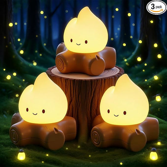 3pcs Campfire Night Light for Kids, Cute Campfire Lamp Gifts, LED Light up Flame Lights, Dimmable, Rechargeable Bedside Nightlight, Baby Nursery Dorm Kawaii Décor Toys Kits