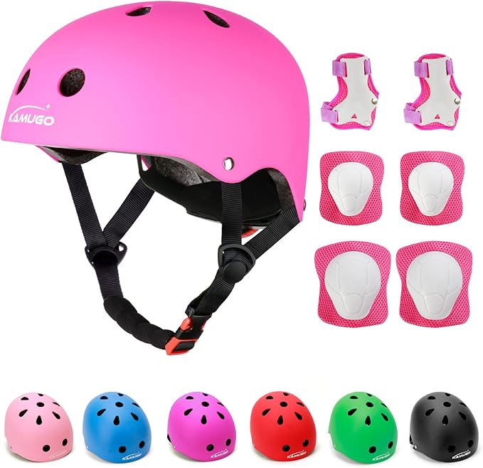 KAMUGO Kids Adjustable Helmet, with Sports Protective Gear Set Knee Elbow Wrist Pads for Toddler Age 2-8 Boys Girls, Bike Skateboard Hoverboard Scooter Rollerblading Helmet Set