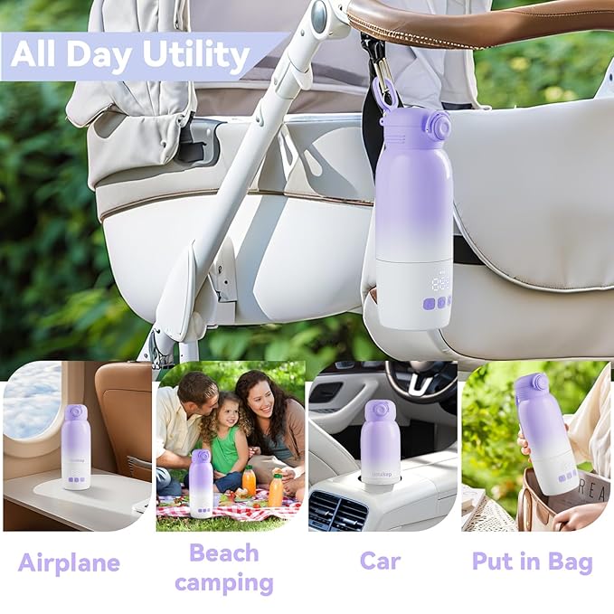 Portable Bottle Warmer for Travel: Large 12oz Capacity with Dual Heating Modes for Breast Milk & Water, Smart Temperature Control, Baby Bottle Warmer for Travel, Gifts for New Mom, Purple