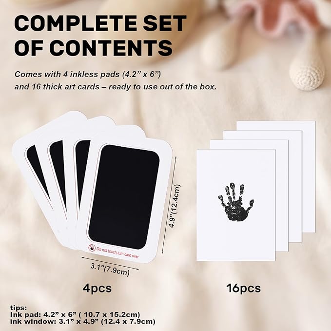 4-Pack Inkless Baby Hand and Footprint Kit with Mess-Free Ink Pad – Baby Safe Ink Pad for Hand, Foot & Paw Prints – Newborn Footprint & Paw Print Kit for Dogs and Cats – 16 Cards(Jet Black, L)