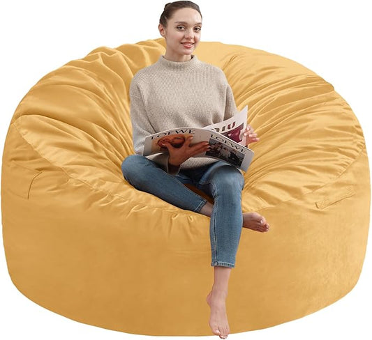 4FT Bean Bag Chair, Large Bean Bag Chairs with Memory Foam Filled, Fluffy Beanbag Sofa with Dutch Velvet Cover, Round BeanBag Chairs for Living Room, Playroom - Mustard