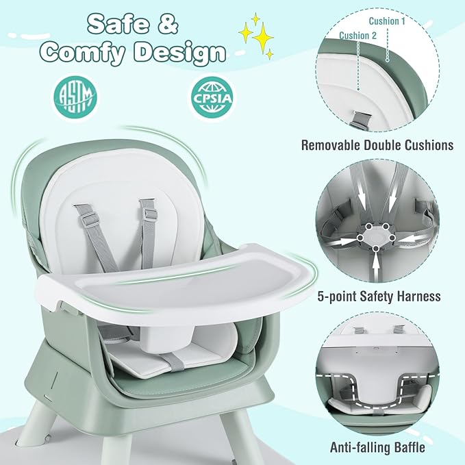 HONEY JOY 8 in 1 Baby High Chair, Convertible Highchair for Babies and Toddlers/Table and Chair Set/Building Block Table/Booster Seat/Stool/Toddler Chair with Safety Harness (Green)
