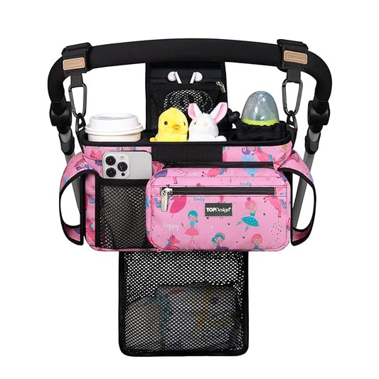 TOPDesign Universal Baby Stroller Organizer, Stroller Caddy with Detachable Mesh Bag & Heightened Insulated Cup Holders & Non-Slip Secure Hooks Accessories, Fits Most Strollers (Unicorns & Girls)