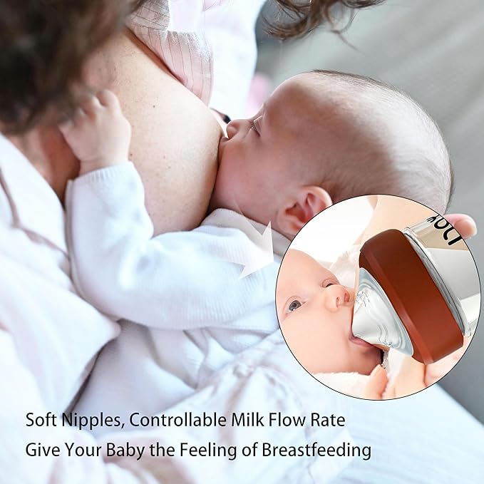 Natural Glass Baby Bottle for Breastfeeding Babies, 3oz Newborn Anti-Colic Baby Bottle with Slow Flow Nipples (SS), Clear, Wide Neck, 2 Pack, 0 Months+