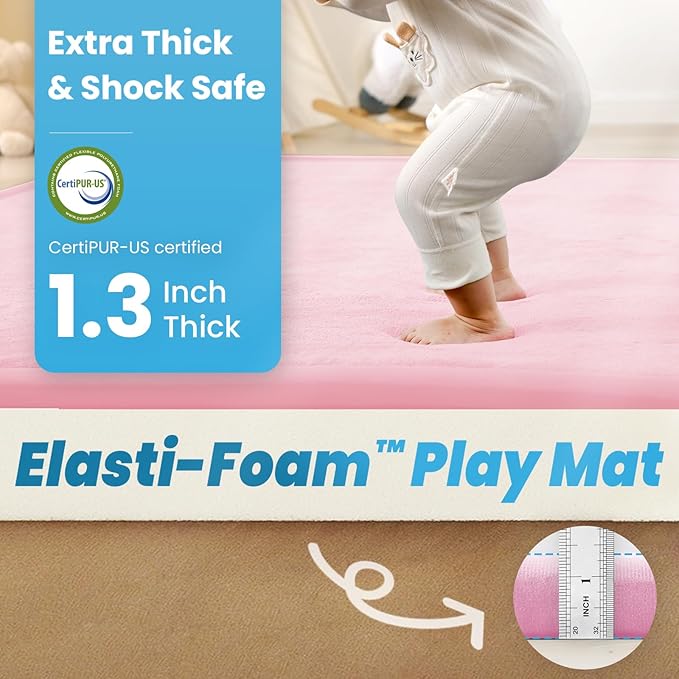 1.3" Thick Baby Play Mat for Floor Playpen, 71x79 Large Foam Tummy Time Mat, Padded Support Soft Plush Nursery Rug for Infant Kids Toddler Crawling Kick Activity (Pink)