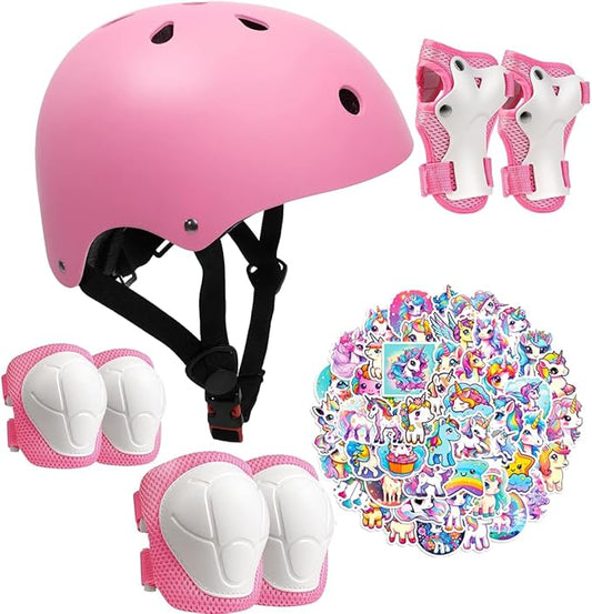 Kids Bike Helmet with Knee Elbow Wrist Pads Guards,Pink,for Ages 2-3-5-8-14,Sports Bicycle,Skate Scooter,Rollerblading with Unicorn Sticker
