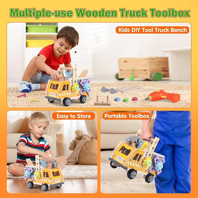 Aliex 38PCS Kids Wooden Truck Tool Set with Toy Drill for Toddlers Ages 3 4 5 6,Montessori STEM Educational Learning Construction Workbench Pretend Play Tool Kit,Birthday Sensory Gift for Boys Girls