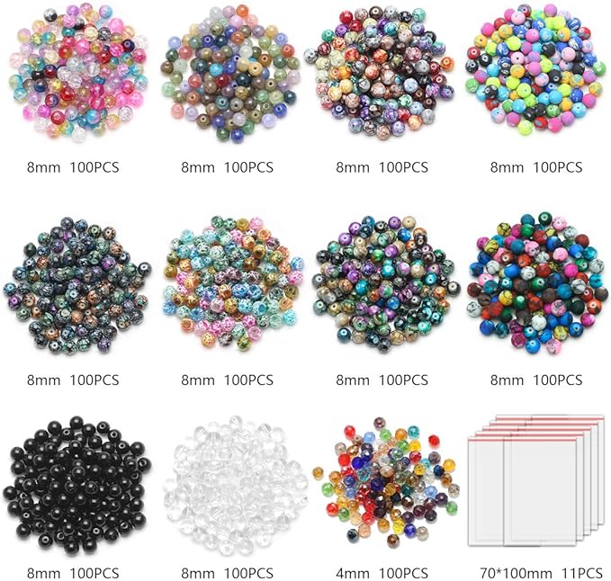 1100pcs 8mm Round Glass Beads for Jewelry Making, Bracelet Necklace Earring DIY Crafts Bulk Kit with Large Hole 83 Different Crystal Beads for Adults Jewelry Supplies