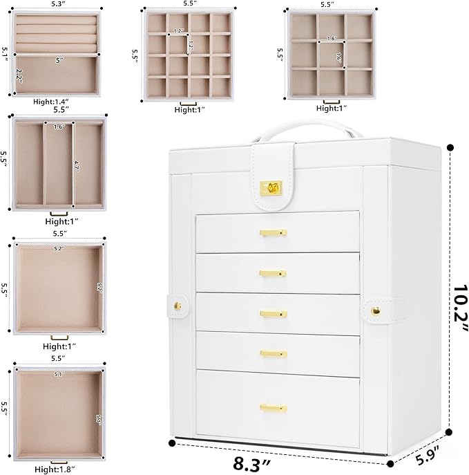AKOZLIN Functional 6-Tier Jewelry Box Organizer with 5 Drawers Leather Jewelry Storage Case for Women Girls Ring Necklace Earring Bracelet Holder Organizer with Mirror White