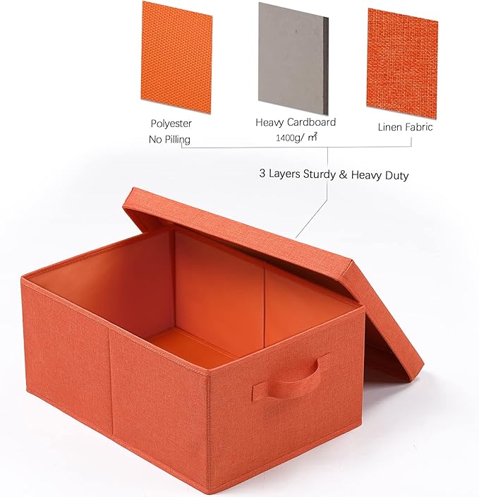 HOONEX Storage Bins with Lids for Organizing, Pack of 2, Storage Boxes with 2 Carrying Handles and Sturdy Heavy Cardboard, 16.5" L x 11.8" W x 7.5" H for Shoes, Books, Clothes, Nursery, Orange
