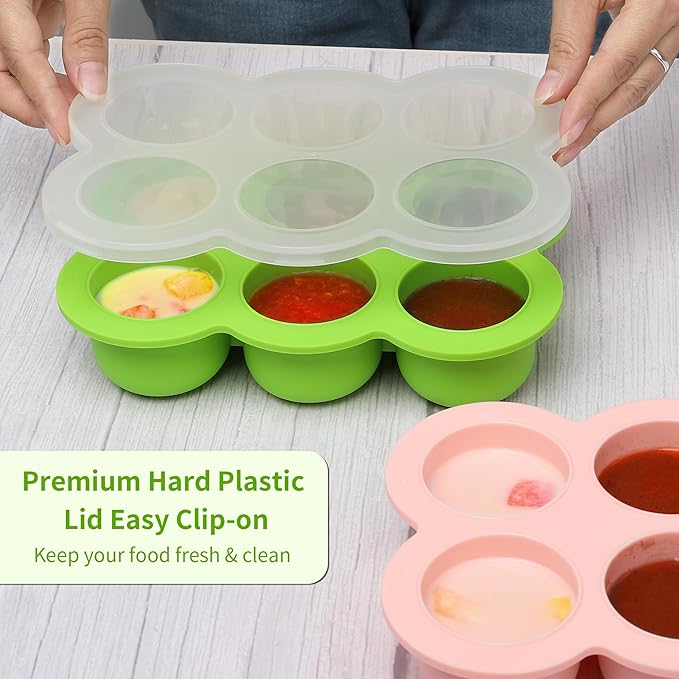 6x3oz Baby Food Freezer Tray with Clip on Lid Bright Green | Leakproof Freezer Molds Silicone Storage Container for Purees Fruits Vegetables