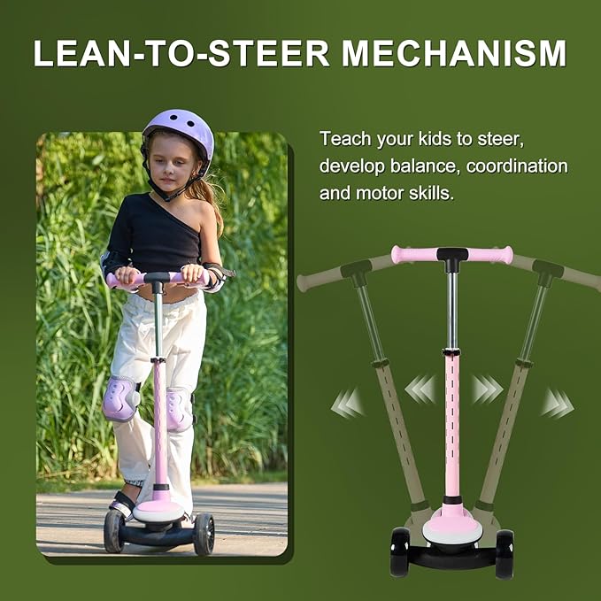 3-Wheel Light-Up Kids Scooter, 20 Different Light Patterns,Three Adjustable Heights,Lean to Steer, Balance Scooter for Ages 3-8