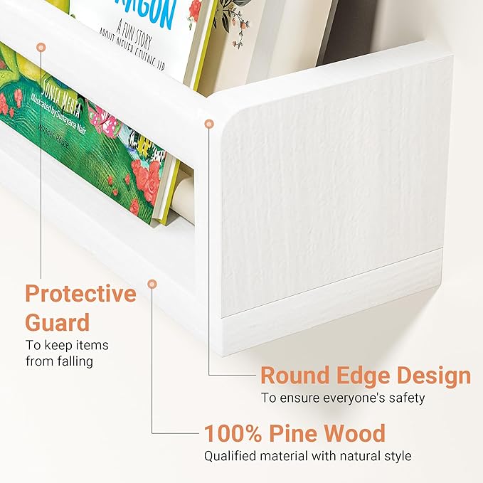 Heimlove Nursery Floating Shelves, White Nursery Book Shelves for Wall, 32 inch Wall Bookshelf for Kids Solid Wood Wall Mounted Shelves for Books,Toys and Decor Storage, Set of 3