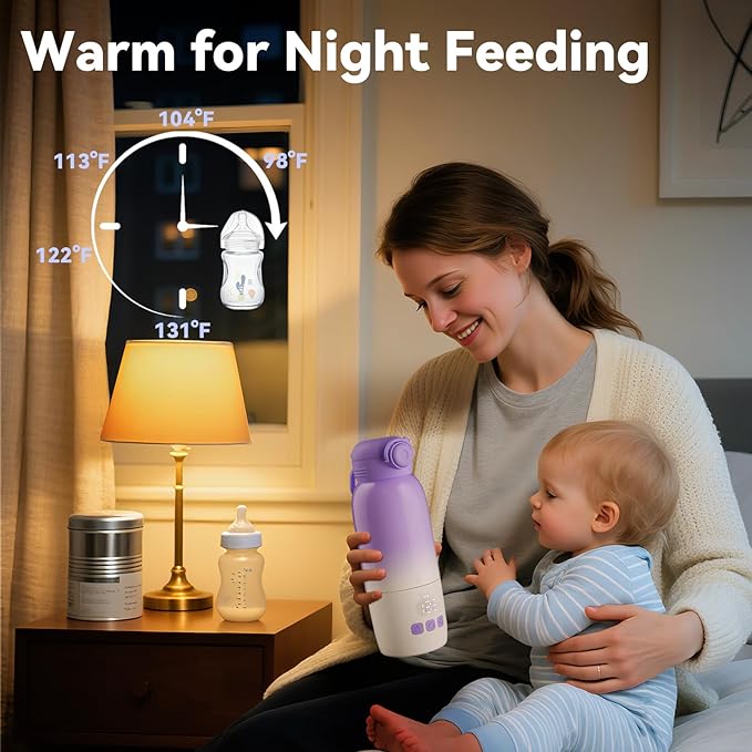 Portable Bottle Warmer for Travel: Large 12oz Capacity with Dual Heating Modes for Breast Milk & Water, Smart Temperature Control, Baby Bottle Warmer for Travel, Gifts for New Mom, Purple