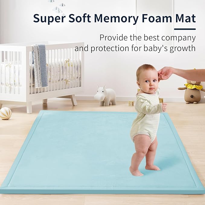 ACOMOPACK Baby Play Mat for Floor 1.3" Thick Memory Foam Play Mats 71"×79" Tummy Time Crawling with Non-Slip Bottom for Living Room,Nursery,Soft Velvet Playpen for Kids,Infants（Light Blue）