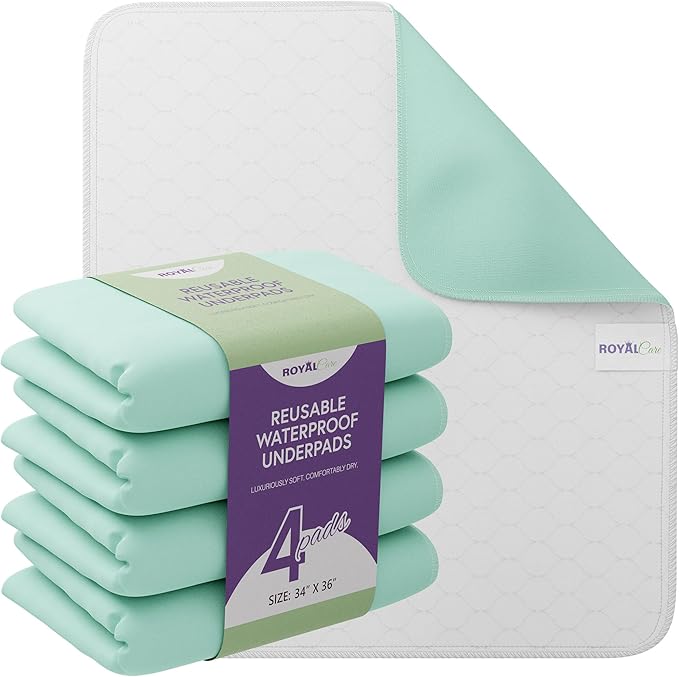 Incontinence Bed Pads - 4 Pack 34"x36" Reusable Waterproof Mattress Protectors - Highly Absorbent, Machine Washable - for Children, Pets and Seniors - Green - Royal Care