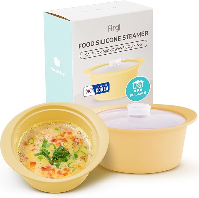 27oz Platinum Silicone Microwave Steamer Pot with Handle & Lid - Korea 100% Food-Grade Steamer Bowl, Heat-Resistant Cooker with Steam Holes, Easy Clean, Dishwasher Safe, Yellow