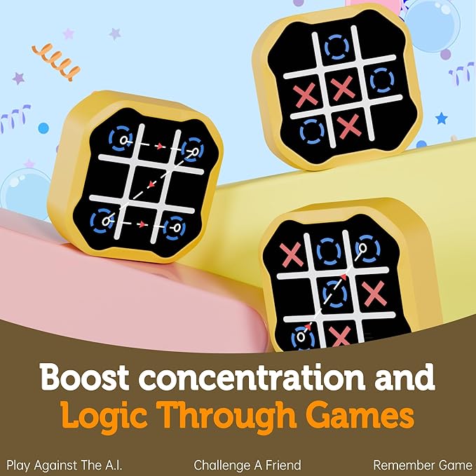 3 in 1 Electronic Tic Tac Toe Game, Handheld Digital Tic Tac Toe Bolt Game with Silent Mode, Portable Learing Toy Gift for Kids & Adults, Yellow