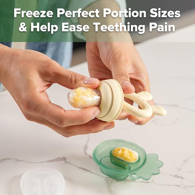 Haakaa Baby Fruit Food Feeder & Mini Freezer Nibble Tray Combo, Breastmilk Popsicle Molds for Baby Cooling Relief, BPA Free Silicone Feeder for Safe Infant Self Feeding, 4 Month+ (Oat)