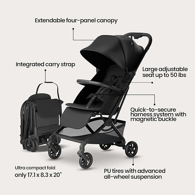 Mompush Velo Lightweight Travel Stroller – One-Hand Fold, Ultra-Compact & Airplane Friendly, Lie-Flat Recline Seat (from Birth to 50 lbs), Includes Cup Holder, Shoulder Strap, and Leather Bumper Bar