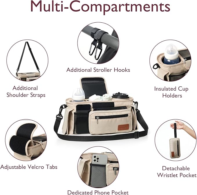 Momcozy Universal Stroller Organizer with Insulated Cup Holder Detachable Phone Bag & Shoulder Strap, Fits for Stroller like Uppababy, Baby Jogger, Britax, BOB, Umbrella and Pet Stroller