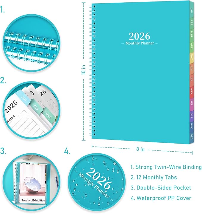 2026 Monthly Planner/Calendar - 2026 Planner, JAN 2026-DEC 2026, 12-Month Planner with Colorful Tabs, 2026 Calendar Planner for Daily Organizing - Waterproof Cover (8" x10", Monthly Pages & Notes, Blue)
