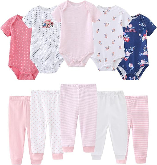 Baby Bodysuit and Pant Set 10-pcs Cotton Soft Newborn Boy Girl Clothes Outfits