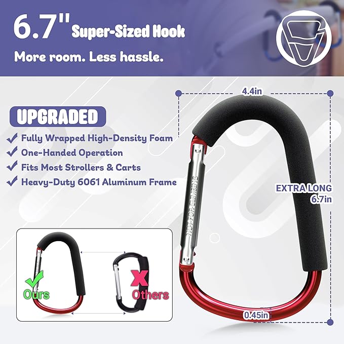 sprookber 6.7 Inch Large Stroller Hooks for Diaper Bags & Purses, Heavy Duty Mommy Hooks for Shopping, Grocery, Backpack – Baby Stroller Accessories, Set of 2 (Red)
