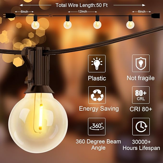GOOTHY 50Ft G40 LED Outdoor String Lights, Waterproof with 52 Shatterproof Globe Bulbs, Hanging Backyard Lights for Party Cafe Balcony Porch Commercial Decorations - Black