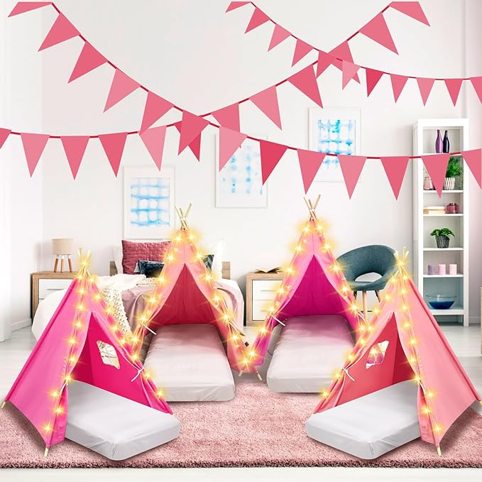 6 Pack Sleepovers Teepee Tent for Kids Bulk with Mattress Sheet Light,Natural Cotton Washable Indoor Play Tent for Birthday Slumber Party Girls Boys Pajama Movie Night Supplies(Pink, Rose Red)