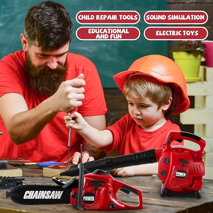 3 Pcs Toy Gardening Tool Set for Kids Toy Leaf Blower Weed Trimmer Chainsaw Pretend Play Set with Lights and Sounds Birthday for Boys Girls