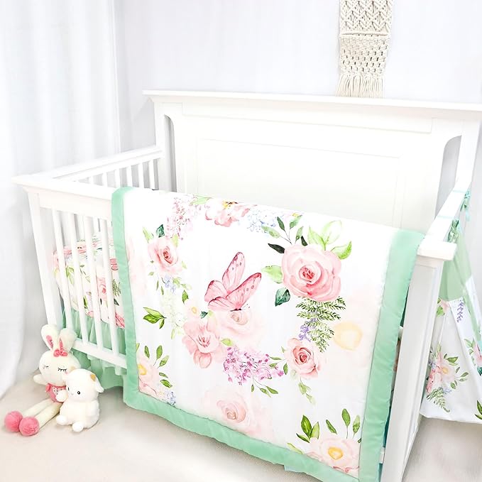 4-Piece Crib Bedding Set, Baby Girl Crib Bedding Set Butterflies Floral Nursery Bedding Set Includes Comforter, Fitted Crib Sheet, Crib Skirt, and Diaper Stacker, Green & Pink