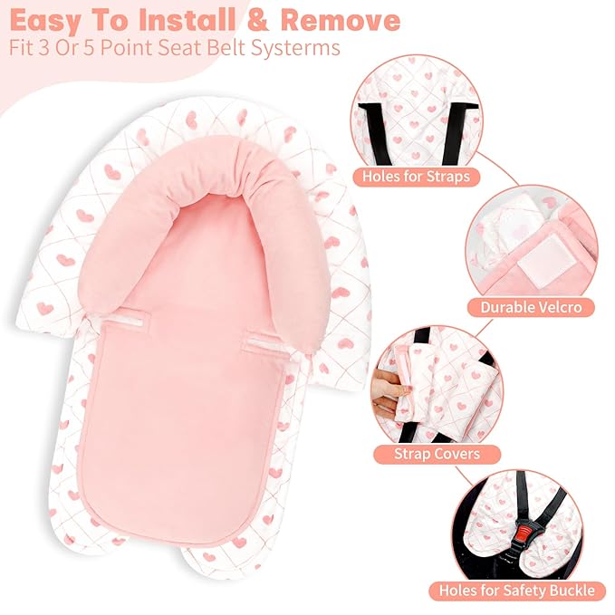Infant Car Seat Insert, HNHUAMING Baby Car Seat Head & Body Support with 2 Strap Pads, Ultra Soft Newborn Preemie Carseat Insert Cushion for Girls Boys, Fits Car Seat, Stroller, Swing, Bouncer, Pink