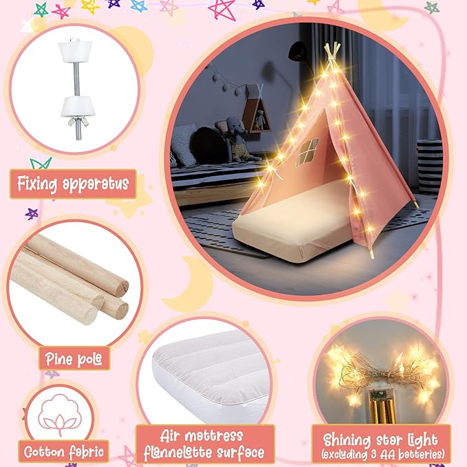 6 Pack Sleepovers Teepee Tent for Kids Bulk with Mattress Sheet Light,Natural Cotton Washable Indoor Play Tent for Birthday Slumber Party Girls Boys Pajama Movie Night Supplies(Pink)