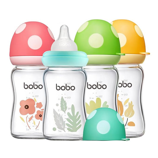 YOHKOH Natural Glass Baby Bottle with Natural Response Nipple, Newborn Anti-Colic Baby Bottles, Wide Neck Mushroom Cap Baby Bottle, Clear (Multicolour1, (5.4oz (Pack of 4))